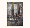 Flip Gaasendam's oil painting, De drie gezusters ‘De bediening’, depicts a cozy café scene with patrons and staff in a warm, intimate atmosphere.