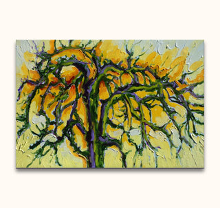 Frans van Veen - De Perelaar (90x60cm): Abstract oil painting with textured tree form in greens and purples, ideal for contemporary interiors. Ready to hang.