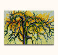 Frans van Veen - De Perelaar (90x60cm): Abstract oil painting with textured tree form in greens and purples, ideal for contemporary interiors. Ready to hang.