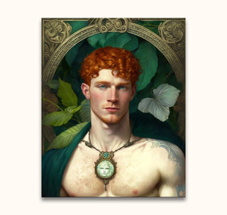Ginger Man - Olieverf op canvas: Digital-style portrait of a red-haired man, bare-chested with a green cloak, wearing an antique pendant, set against a leafy background.