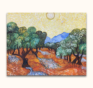 Vincent van Gogh's Olijfbomen in Montmajour oil painting, showcasing swirling olive trees and a bright sun. Hand-painted on museum-quality canvas, ready to hang.