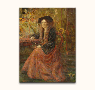 Henry de Groux's 'Tristan en Isolde' painting: a woman in black velvet and rust-red skirt, seated with open book and flowers, in a richly decorated room.