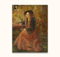 Henry de Groux's 'Tristan en Isolde' painting: a woman in black velvet and rust-red skirt, seated with open book and flowers, in a richly decorated room.