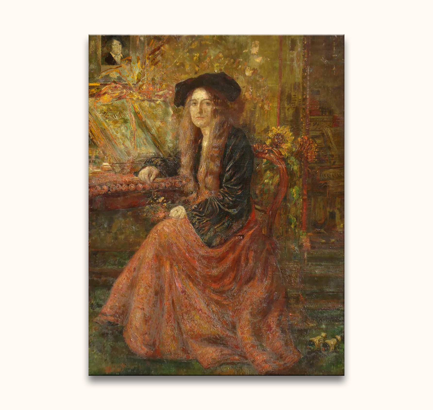 Henry de Groux's 'Tristan en Isolde' painting: a woman in black velvet and rust-red skirt, seated with open book and flowers, in a richly decorated room.