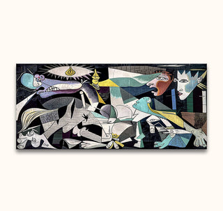Hand-painted Picasso signature - Guernica (130x58cm) features a cubist depiction of anguished figures and animals, highlighting expressive modern art. Ready to hang.