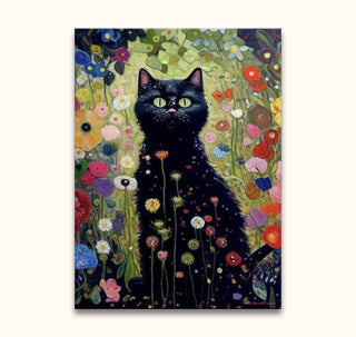 Gustav Klimt's Garden Cat 2: A whimsical black cat with green-yellow eyes amidst colorful, stylized flowers, painted in expressive, modern palette knife technique.