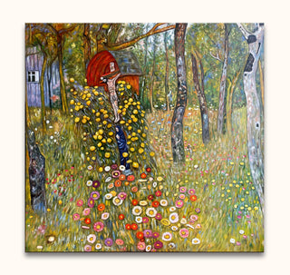 Gustav Klimt's Farm Garden with Crucifix features a kneeling figure amid vibrant wildflowers, centered around a crucifix in a serene forest glade. Hand-painted on canvas.
