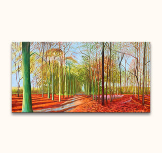 David Hockney - Woldgate Woods painting features a tree-lined path with autumn foliage, showcasing modern impressionist style. Hand-painted on high-quality canvas. Ready to hang.