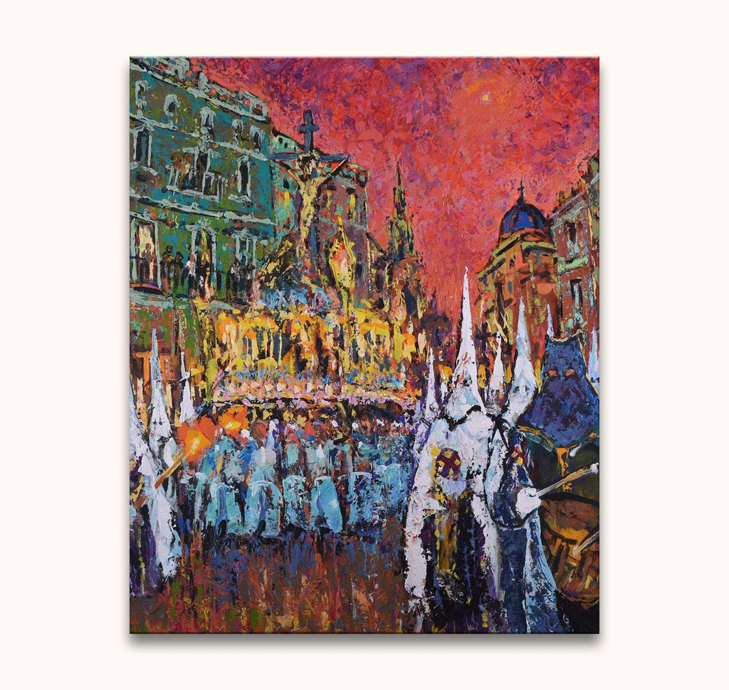 Impasto-style painting 'Processie in Malaga 1' depicting a vibrant Semana Santa procession with hooded penitents and a crucifix float, perfect for modern art enthusiasts.