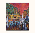 Impasto-style painting 'Processie in Malaga 1' depicting a vibrant Semana Santa procession with hooded penitents and a crucifix float, perfect for modern art enthusiasts.