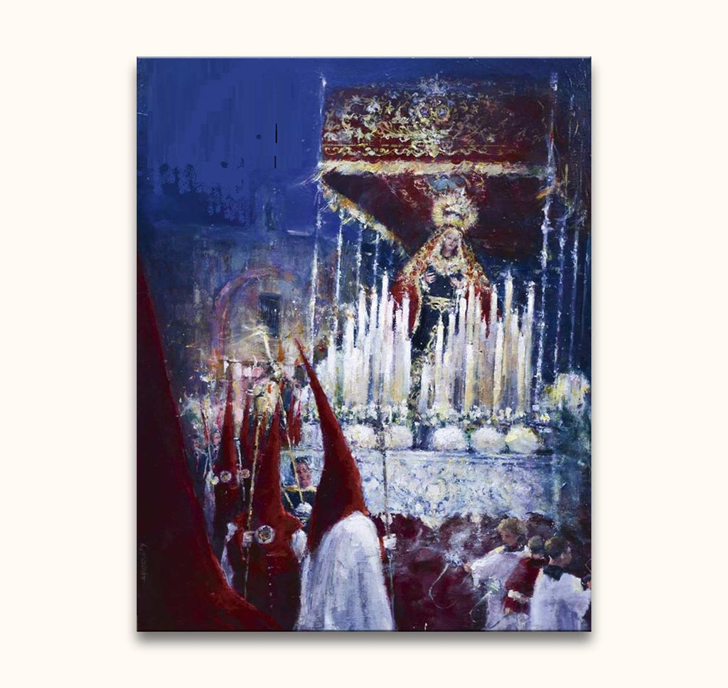 Hand-painted oil painting Processie in Malaga 2 depicting a Semana Santa procession with nazarenos and Virgin Mary statue, capturing an evening's dramatic atmosphere.