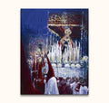 Hand-painted oil painting Processie in Malaga 2 depicting a Semana Santa procession with nazarenos and Virgin Mary statue, capturing an evening's dramatic atmosphere.