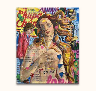 Jisbar - Venus Hockney: Pop-art collage blending a classical Venus figure with vibrant graffiti, hand-drawn symbols, and a small man in red. Ready to hang.