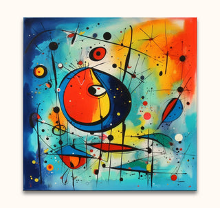 Joan Miro-signature - 2 ISO: Vibrant abstract painting with colorful orbs and dynamic lines, hand-painted on canvas. Ideal for modern art enthusiasts. Ready to hang.