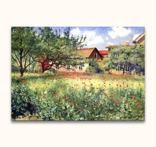 Johan Ericson - Farm House: Impressionist oil painting of a sunlit meadow with poppies, trees, and rustic cottages, showcasing vibrant countryside beauty.