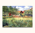 Johan Ericson - Farm House: Impressionist oil painting of a sunlit meadow with poppies, trees, and rustic cottages, showcasing vibrant countryside beauty.