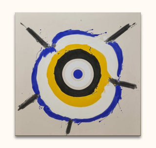 Kenneth Noland - Abstract Face: A dynamic, hand-painted target motif with blue, yellow, and black rings, ideal for modern abstract art enthusiasts. Ready to hang.