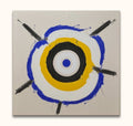Kenneth Noland - Abstract Face: A dynamic, hand-painted target motif with blue, yellow, and black rings, ideal for modern abstract art enthusiasts. Ready to hang.