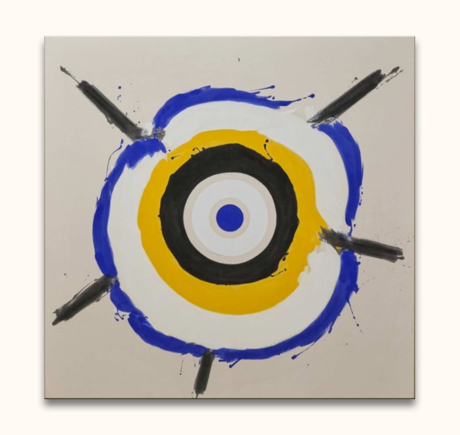 Kenneth Noland - Abstract Face: A dynamic, hand-painted target motif with blue, yellow, and black rings, ideal for modern abstract art enthusiasts. Ready to hang.