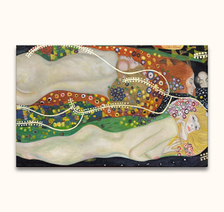 Gustav Klimt–inspired painting, Waterslangen, features three reclining nudes with flowing hair amidst a mosaic-like, ornamental background. Hand-painted on museum-quality canvas.