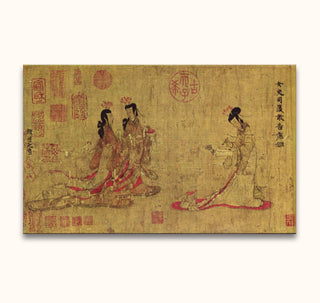 Ku K'ai-chih - Olieverf op canvas: Three figures in flowing robes, Song-style, on museum-quality canvas. Hand-painted, ready to hang, showcasing classical Chinese elegance.