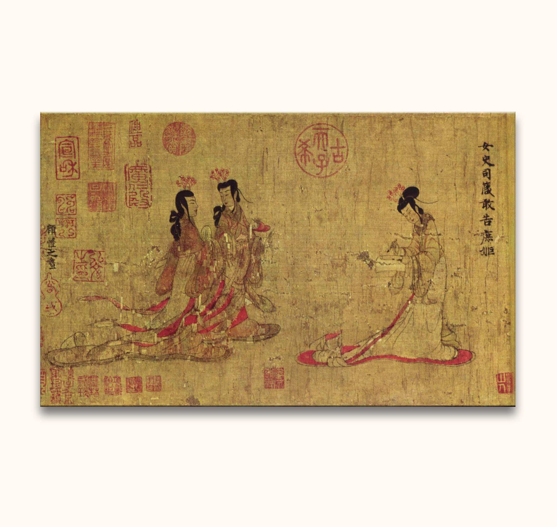 Ku K'ai-chih - Olieverf op canvas: Three figures in flowing robes, Song-style, on museum-quality canvas. Hand-painted, ready to hang, showcasing classical Chinese elegance.