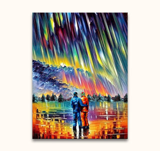 Leonid Afremov's Couple under the Aurora Borealis: Two figures standing on ice, embraced, under vibrant Northern Lights, impressionistic style, hand-painted on museum-quality canvas.