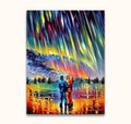 Leonid Afremov's Couple under the Aurora Borealis: Two figures standing on ice, embraced, under vibrant Northern Lights, impressionistic style, hand-painted on museum-quality canvas.