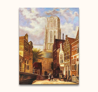 Lange Torenstraat Rotterdam na demping 1835: A Gothic church, brick houses, canal, and townspeople in a nostalgic Dutch scene. Oil on canvas, ready to hang.