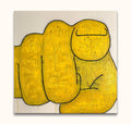 Leonard Forslund's Pop Art Painting #1 features an abstract yellow form with bold black outlines, emphasizing texture and minimalism. Hand-painted on museum-quality canvas.