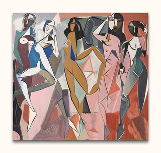 Cubist-inspired painting of five abstract female figures, titled Picasso signature - The Ladies of Avignon 1, hand-painted in modern style on high-quality canvas.