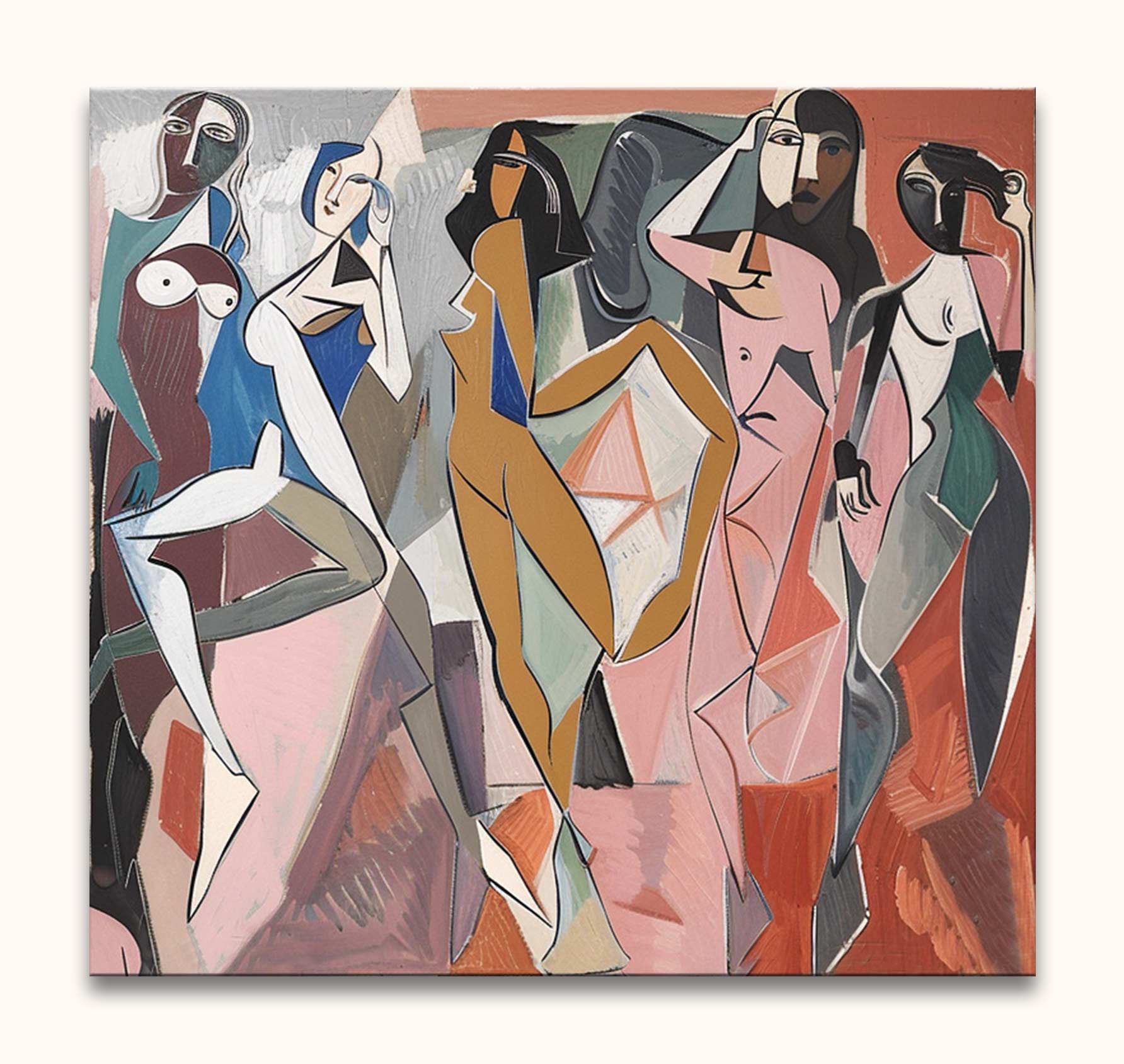Cubist-inspired painting of five abstract female figures, titled Picasso signature - The Ladies of Avignon 1, hand-painted in modern style on high-quality canvas.