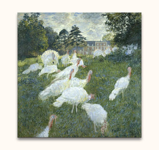 Claude Monet's Les Dindons, an Impressionist oil painting of white turkeys in a meadow, showcasing vibrant brushwork and romantic realism. Ready-to-hang on museum-quality canvas.