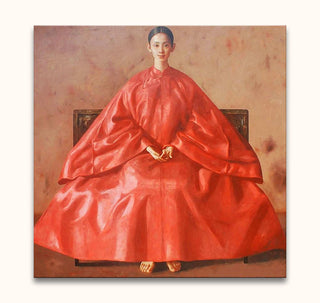 Portrait of a young woman in a flowing red robe, seated serenely, embodying modern-classical Chinese art. Lu Jun Jian – Sun and Moon oil painting.