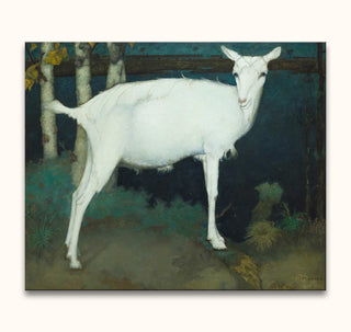 Jan Mankes - Jonge Witte Geit: A white deer stands in a twilight forest glade, surrounded by birch trees, capturing an ethereal, serene moment.