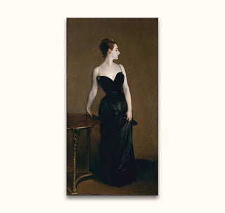 Elegant woman in profile wearing a black gown with gold straps, depicted in John Singer Sargent's Madame Pierre Gautreau. Hand-painted oil on high-quality canvas.