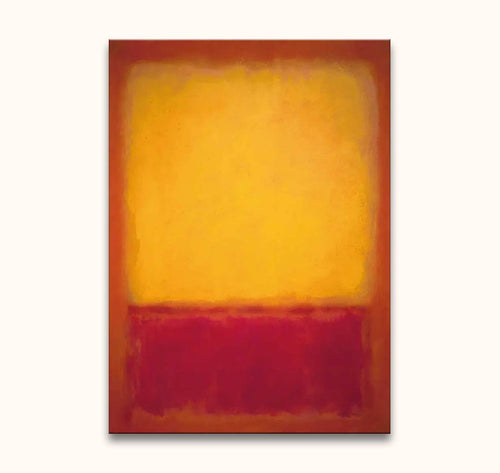 Hand-painted 'Rothko signature - Yellow on Red' abstract oil painting, featuring soft yellow/orange and deep red blocks, ready-to-hang on wooden frame.