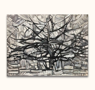 Piet Mondriaan's Girgio Tree is a monochromatic abstract canvas, featuring expressive, inky brushstrokes resembling a tree, layered with textured gray tones.