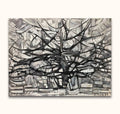 Piet Mondriaan's Girgio Tree is a monochromatic abstract canvas, featuring expressive, inky brushstrokes resembling a tree, layered with textured gray tones.
