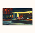 Vier mensen in een nachtelijk diner, gezien door grote ramen. Geïnspireerd door Edward Hopper's stijl. Olieverfschilderij op doek, perfect voor moderne kunstliefhebbers.