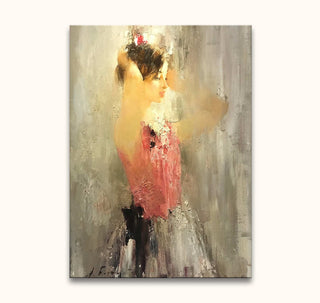 Nikolai Blokhin - Ballerina: Impressionistic oil painting of a young dancer arranging her hair, highlighting movement and color, stretched on a ready-to-hang wooden frame.