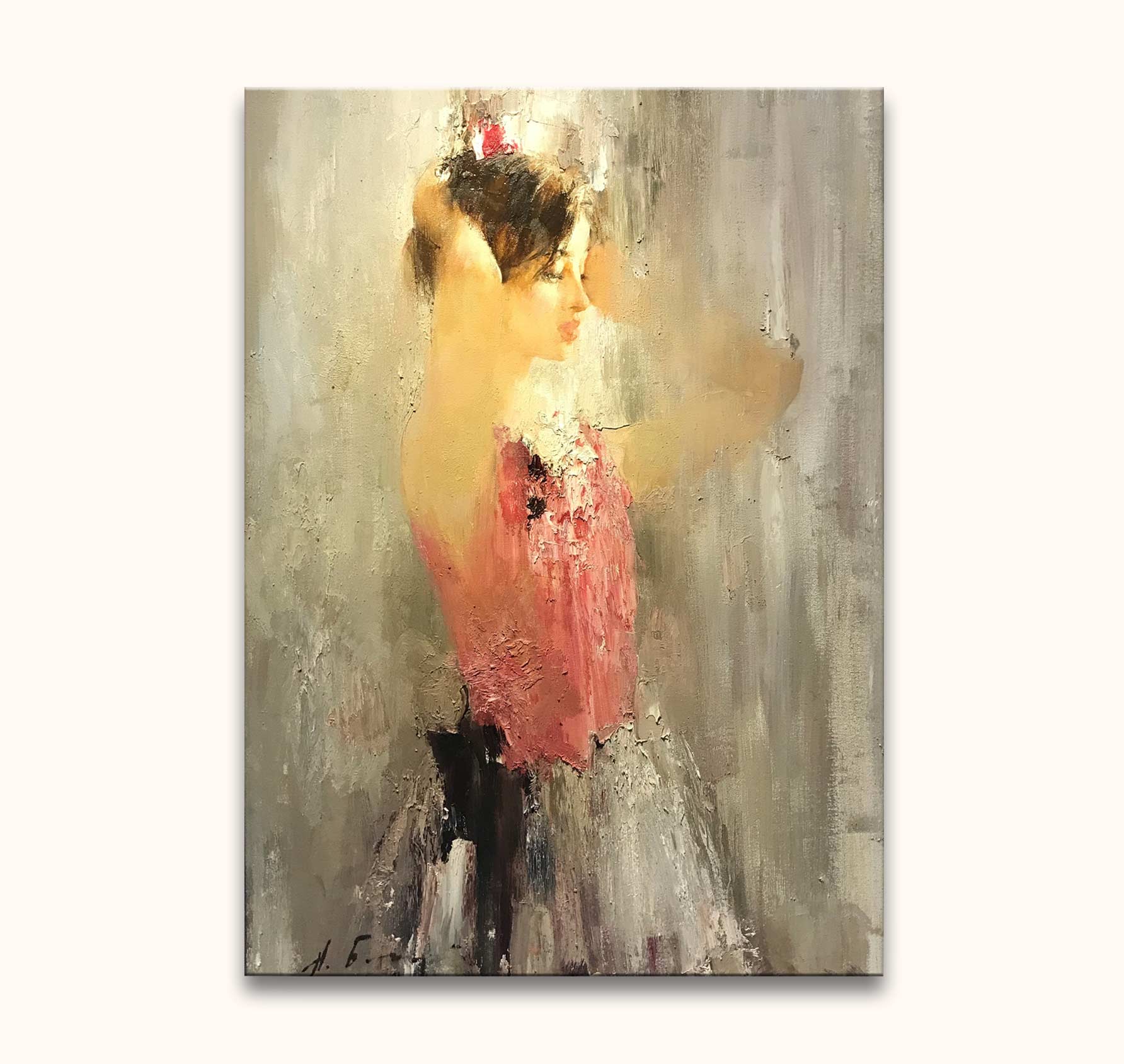 Nikolai Blokhin - Ballerina: Impressionistic oil painting of a young dancer arranging her hair, highlighting movement and color, stretched on a ready-to-hang wooden frame.