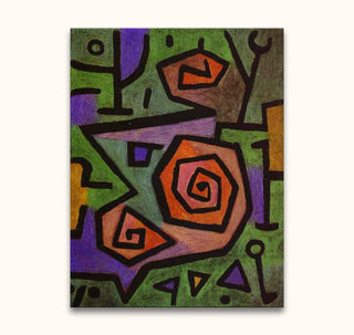 Paul Klee's Heroic Roses abstract painting features bold spirals, geometric shapes, and contrasting colors, capturing cubist essence on museum-quality canvas.
