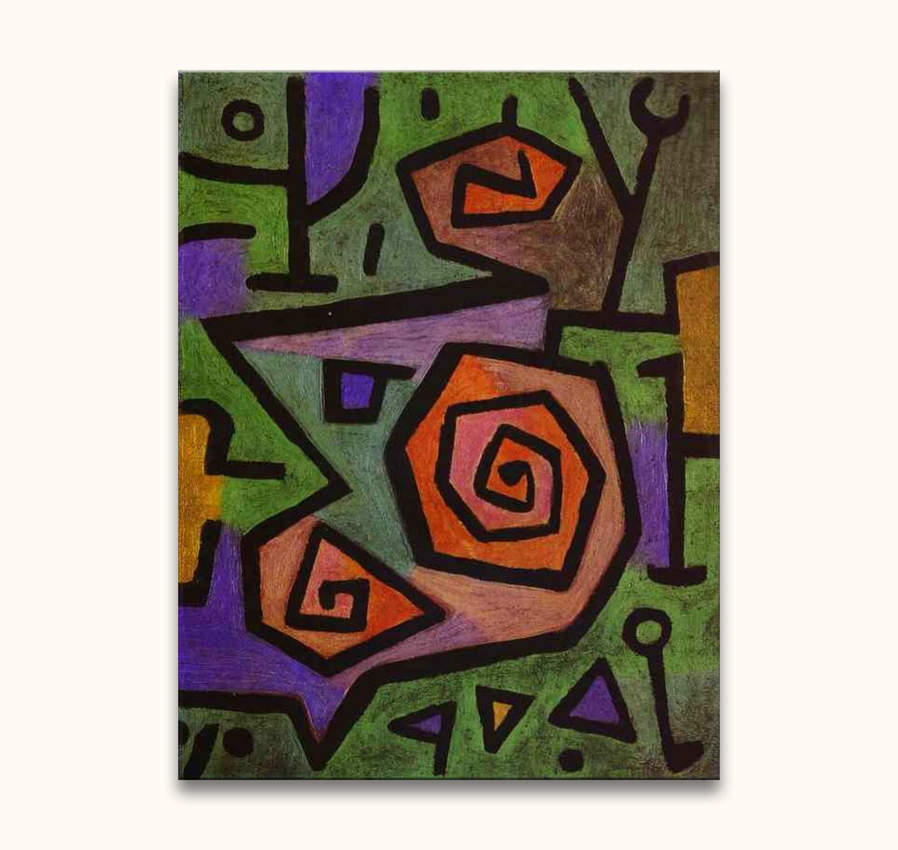 Paul Klee's Heroic Roses abstract painting features bold spirals, geometric shapes, and contrasting colors, capturing cubist essence on museum-quality canvas.