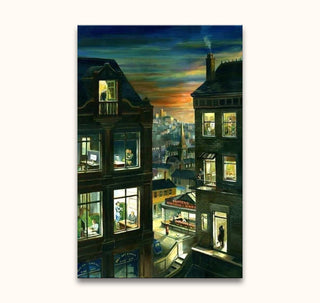 Phil Lockwood's 'Edward Hopper House' captures a lively cityscape at dusk with figures in lit windows and 'Hopper's American Diner', hand-painted in expressive oil on canvas.