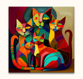 Picasso signature - Vijf Katten: A vibrant cubist oil painting depicting five abstract cats in geometric forms, perfect for modern art enthusiasts and interior decor.