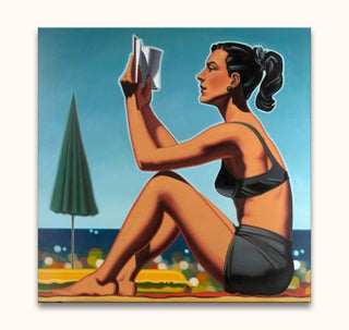 Pop-art painting by Kenton Nelson, Reading Woman, depicts a woman in a swimsuit reading a book by the sea. Hand-painted, ready to hang.