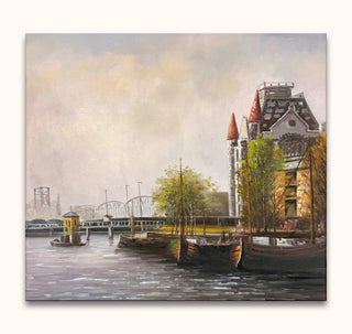 Siem Schaeffer's Het witte huis in Rotterdam depicts an impressionistic riverside harbor with barges, castle-like building, and truss bridge, highlighting romantic classical art.