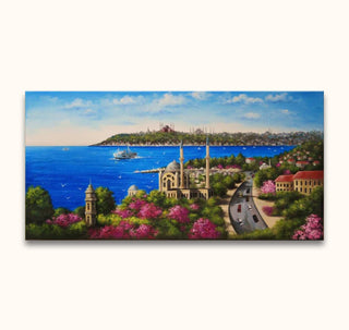 Spring in Istanbul - Oil on canvas: Pop Art painting of Istanbul's Bosphorus with Ortaköy Mosque, ferry, and skyline. Hand-painted, ready to hang, UV-protected.