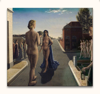 Paul Delvaux's The Encounter: Surreal scene with nude figures in a plaza, featuring a tree, distant buildings, and a kiosk with figurines. Oil on museum-quality canvas.